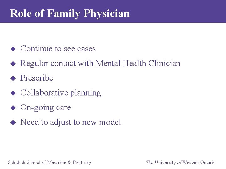 Role of Family Physician u Continue to see cases u Regular contact with Mental