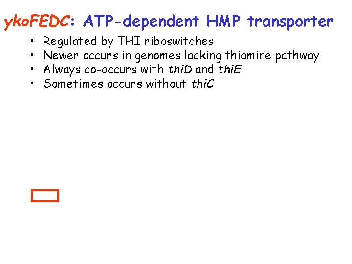 yko. FEDC: ATP-dependent HMP transporter • • Regulated by THI riboswitches Newer occurs in