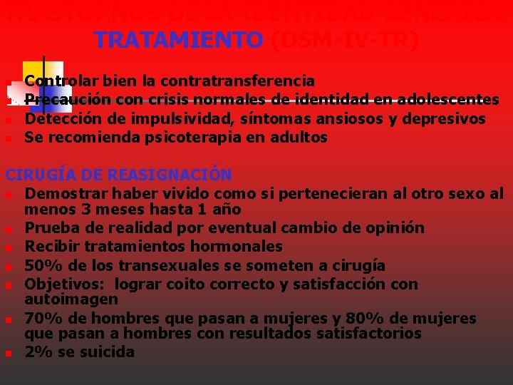 TRASTORNOS DE LA IDENTIDAD GENERICA. TRATAMIENTO (DSM-IV-TR) n n Controlar bien la contratransferencia Precaución TRASTORNOS DE LA IDENTIDAD GENERICA. TRATAMIENTO (DSM-IV-TR) n n Controlar bien la contratransferencia Precaución