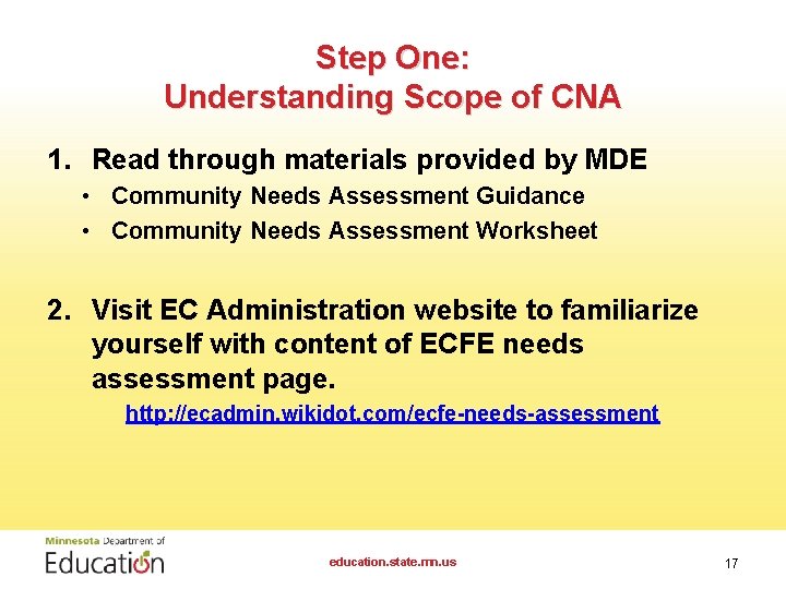 Step One: Understanding Scope of CNA 1. Read through materials provided by MDE •