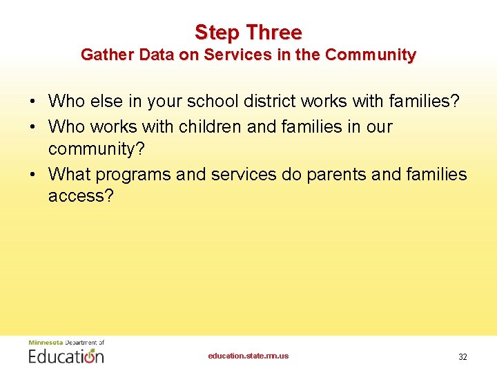 Step Three Gather Data on Services in the Community • Who else in your