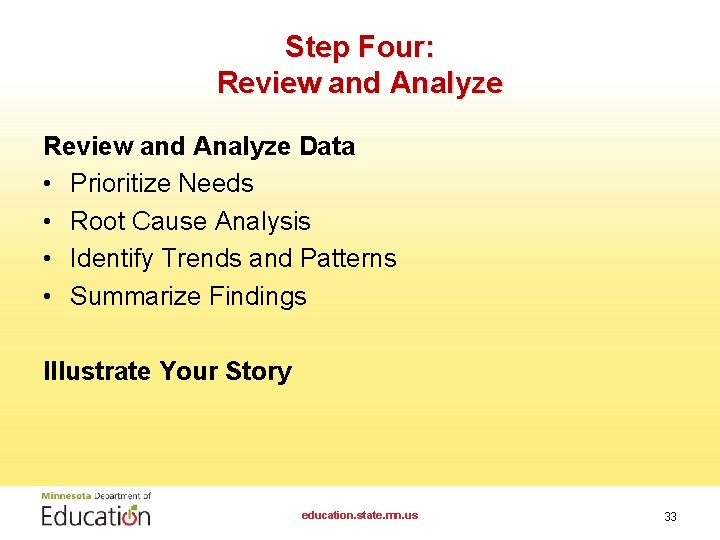 Step Four: Review and Analyze Data • Prioritize Needs • Root Cause Analysis •