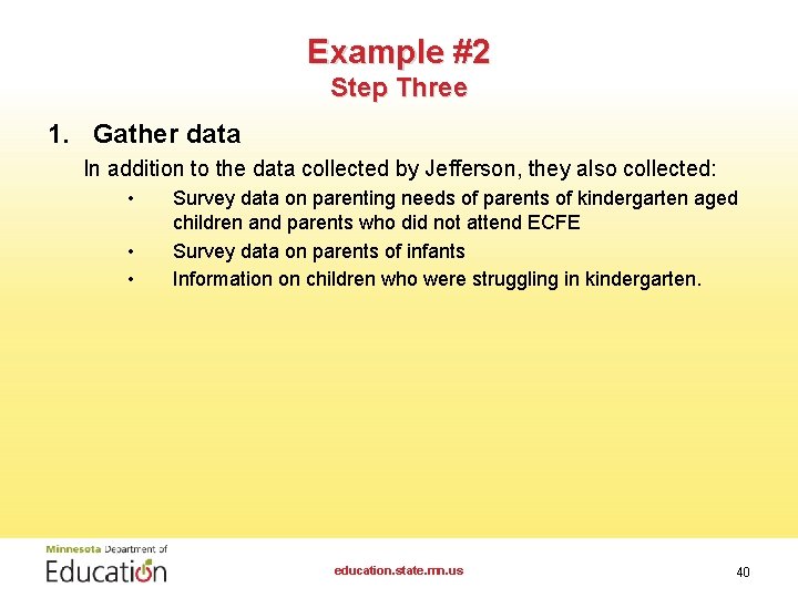 Example #2 Step Three 1. Gather data In addition to the data collected by