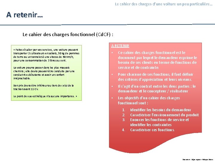 Le cahier des charges d’une voiture un peu particulière… A retenir… Le cahier des Le cahier des charges d’une voiture un peu particulière… A retenir… Le cahier des