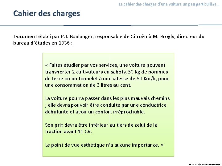 Le cahier des charges d’une voiture un peu particulière… Cahier des charges Document établi Le cahier des charges d’une voiture un peu particulière… Cahier des charges Document établi