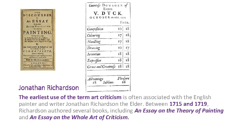 Jonathan Richardson The earliest use of the term art criticism is often associated with