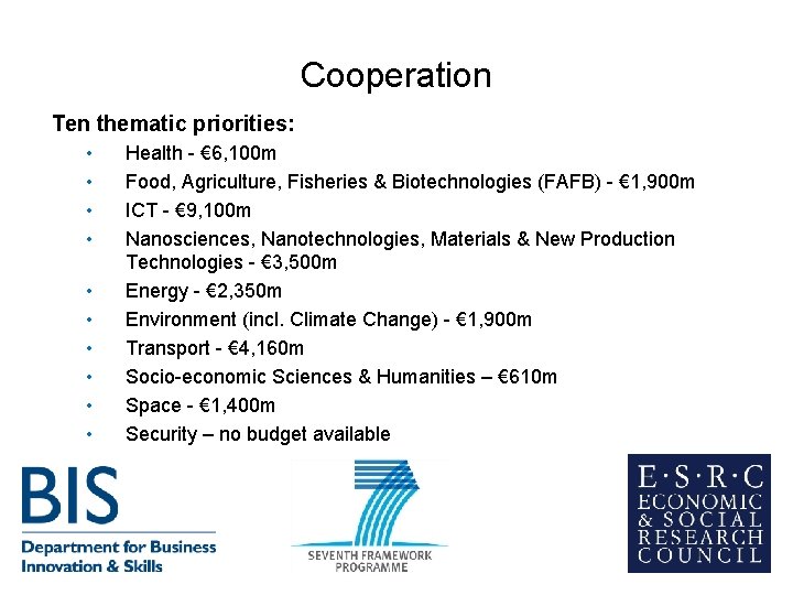 Cooperation Ten thematic priorities: • • • Health - € 6, 100 m Food, Cooperation Ten thematic priorities: • • • Health - € 6, 100 m Food,
