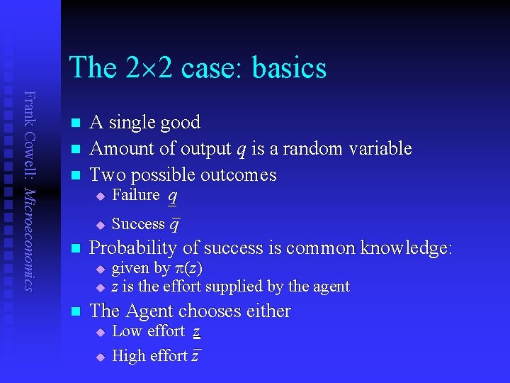 The 2 2 case: basics Frank Cowell: Microeconomics n n n A single good