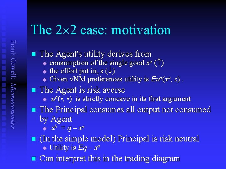 The 2 2 case: motivation Frank Cowell: Microeconomics n The Agent's utility derives from