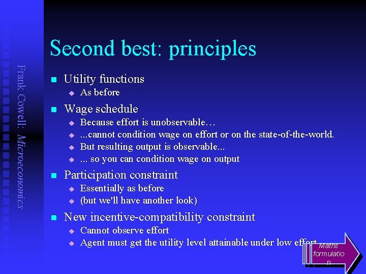 Second best: principles Frank Cowell: Microeconomics n Utility functions u n Wage schedule u