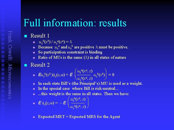 Full information: results Frank Cowell: Microeconomics n Result 1 u u n uxb(xb) /