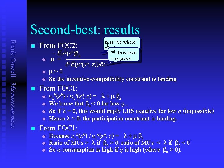 Second-best: results Frank Cowell: Microeconomics bz is +ve where n From FOC 2: xb