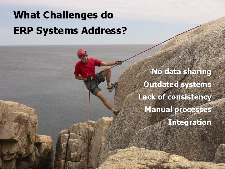 SM What Challenges do ERP Systems Address? No data sharing Outdated systems Lack of