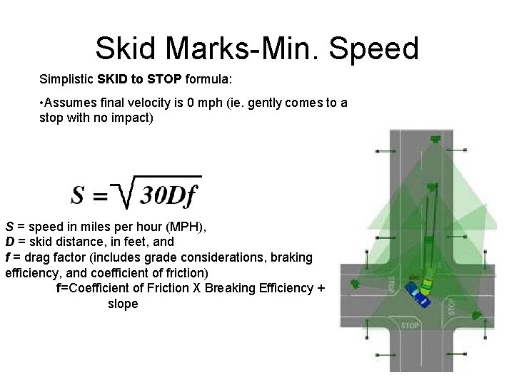 Skid Marks-Min. Speed Simplistic SKID to STOP formula: • Assumes final velocity is 0