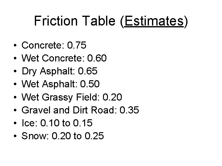 Friction Table (Estimates) • • Concrete: 0. 75 Wet Concrete: 0. 60 Dry Asphalt: