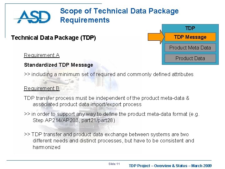 Scope of Technical Data Package Requirements TDP Message Technical Data Package (TDP) Product Meta