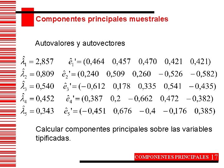 Componentes principales muestrales Autovalores y autovectores Calcular componentes principales sobre las variables tipificadas. COMPONENTES