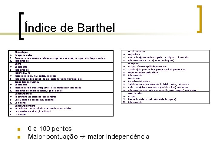 Índice de Barthel 0 5 10 0 5 10 Alimentação Incapaz de realizar Precisa Índice de Barthel 0 5 10 0 5 10 Alimentação Incapaz de realizar Precisa