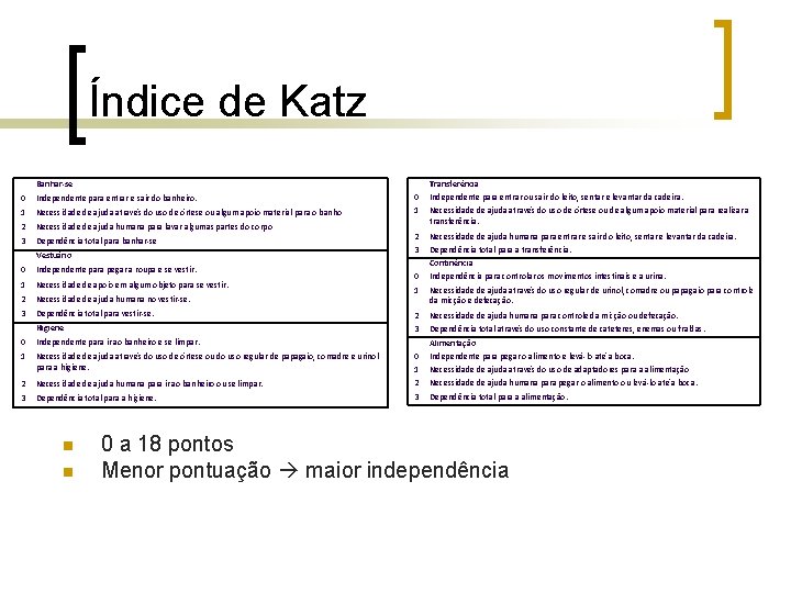 Índice de Katz Banhar-se Transferência 0 Independente para entrar e sair do banheiro. 0 Índice de Katz Banhar-se Transferência 0 Independente para entrar e sair do banheiro. 0