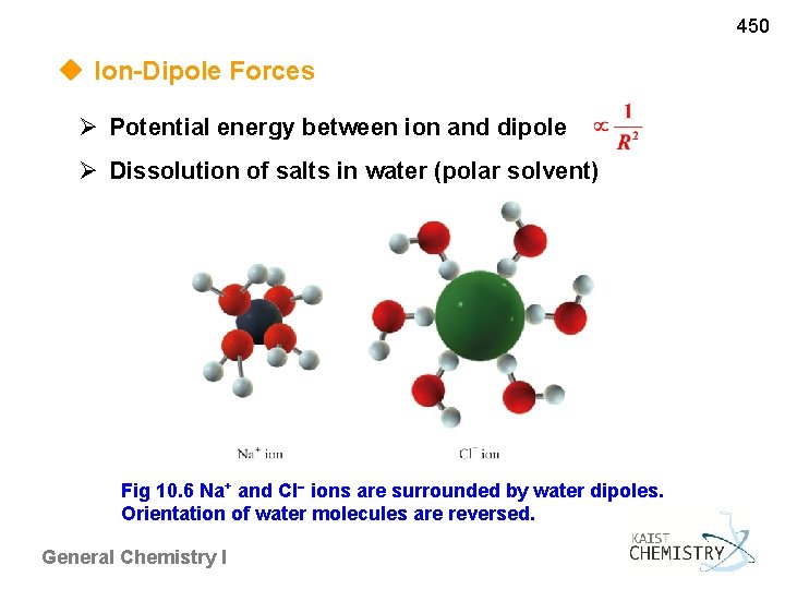 450 u Ion-Dipole Forces Potential energy between ion and dipole Dissolution of salts in