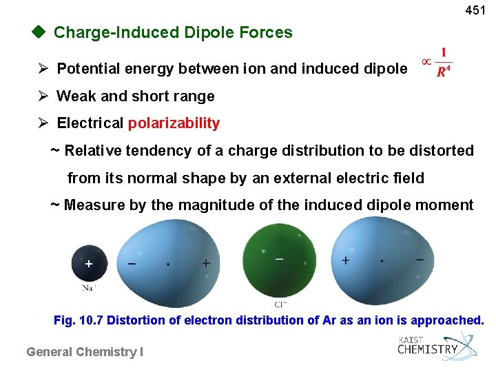 451 u Charge-Induced Dipole Forces Potential energy between ion and induced dipole Weak and