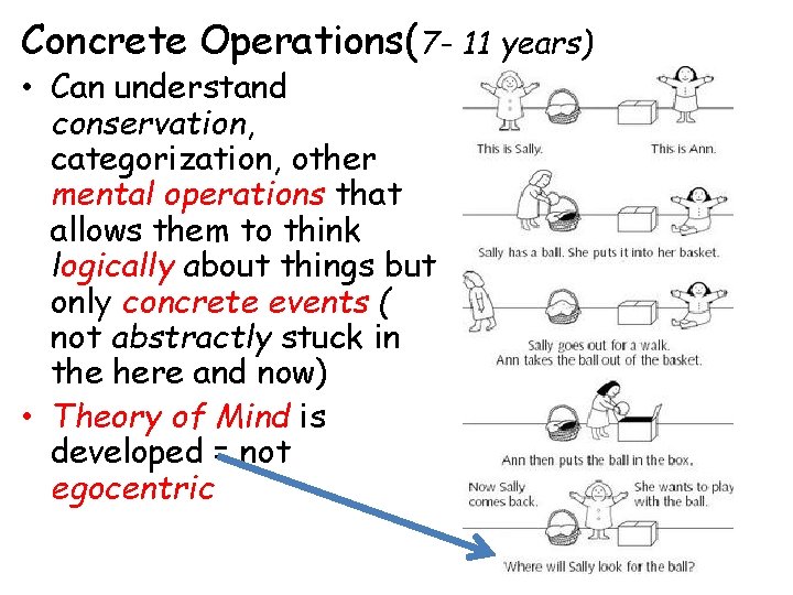 Concrete Operations(7 - 11 years) • Can understand conservation, categorization, other mental operations that
