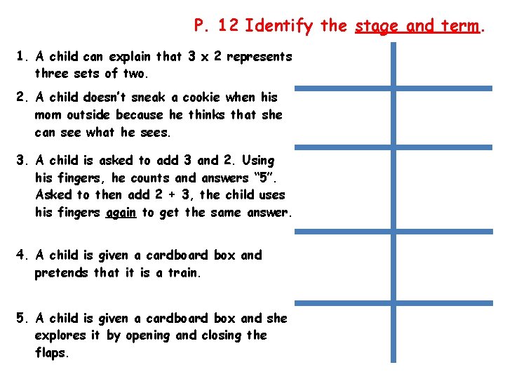 P. 12 Identify the stage and term. 1. A child can explain that 3