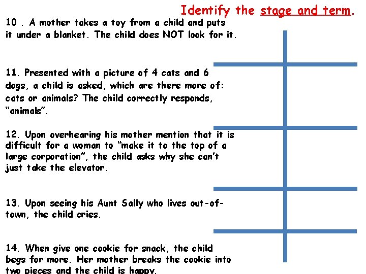 Identify the stage and term. 10. A mother takes a toy from a child