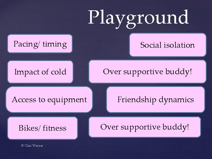 Playground Pacing/ timing Impact of cold Access to equipment Bikes/ fitness © Clair Warner