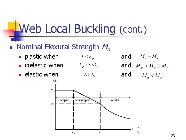 Web Local Buckling (cont. ) n Nominal Flexural Strength Mn n plastic when inelastic