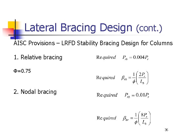 Lateral Bracing Design (cont. ) AISC Provisions – LRFD Stability Bracing Design for Columns