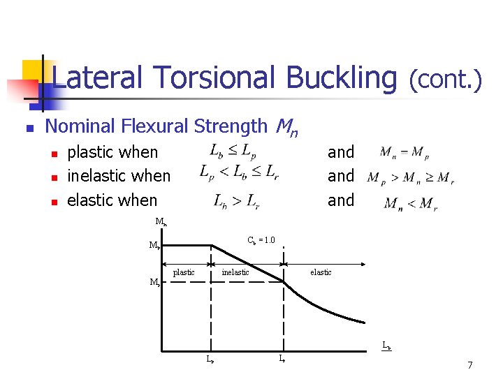 Lateral Torsional Buckling (cont. ) n Nominal Flexural Strength Mn n plastic when inelastic