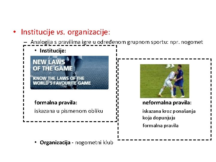  • Institucije vs. organizacije: – Analogija s pravilima igre u određenom grupnom sportu: