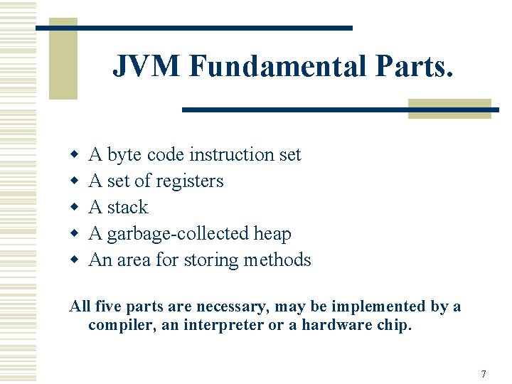 JVM Fundamental Parts. w w w A byte code instruction set A set of