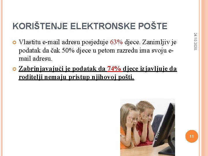 KORIŠTENJE ELEKTRONSKE POŠTE 24. 10. 2020. Vlastitu e-mail adresu posjeduje 63% djece. Zanimljiv je