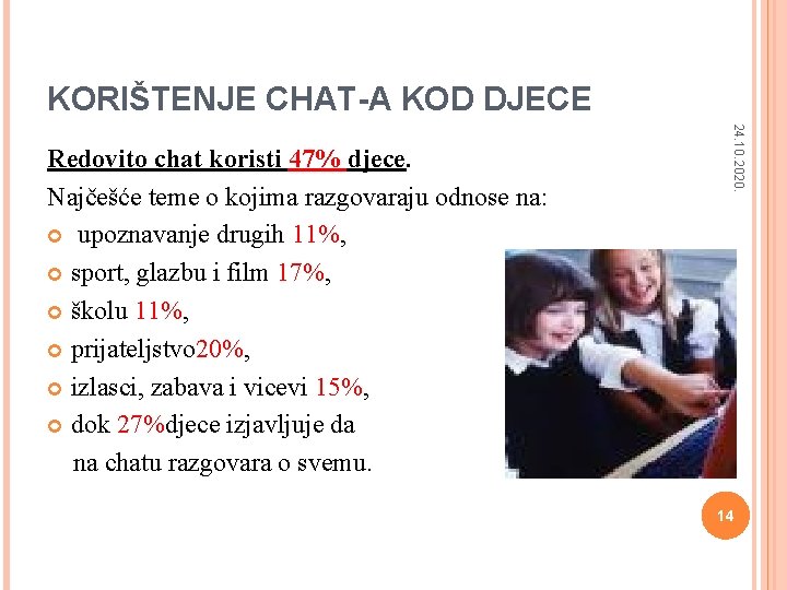 KORIŠTENJE CHAT-A KOD DJECE 24. 10. 2020. Redovito chat koristi 47% djece. Najčešće teme