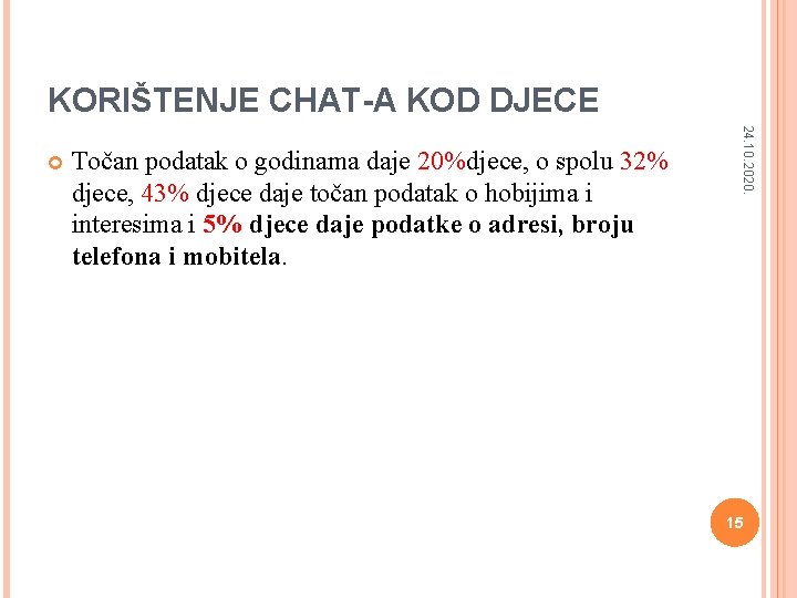 KORIŠTENJE CHAT-A KOD DJECE Točan podatak o godinama daje 20%djece, o spolu 32% djece,