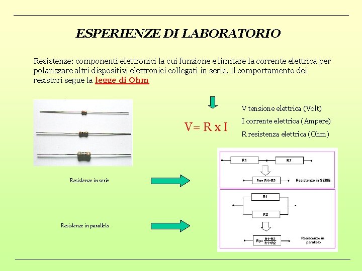 ESPERIENZE DI LABORATORIO Resistenze: componenti elettronici la cui funzione e limitare la corrente elettrica