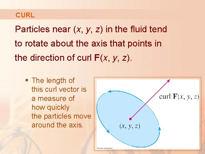CURL Particles near (x, y, z) in the fluid tend to rotate about the