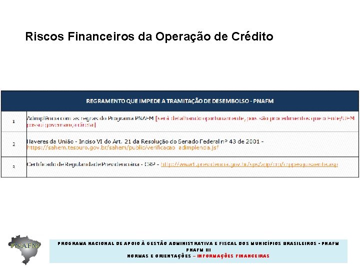 Riscos Financeiros da Operação de Crédito PROGRAMA NACIONAL DE APOIO À GESTÃO ADMINISTRATIVA E