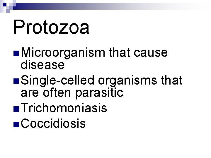 Protozoa n Microorganism that cause disease n Single-celled organisms that are often parasitic n Protozoa n Microorganism that cause disease n Single-celled organisms that are often parasitic n