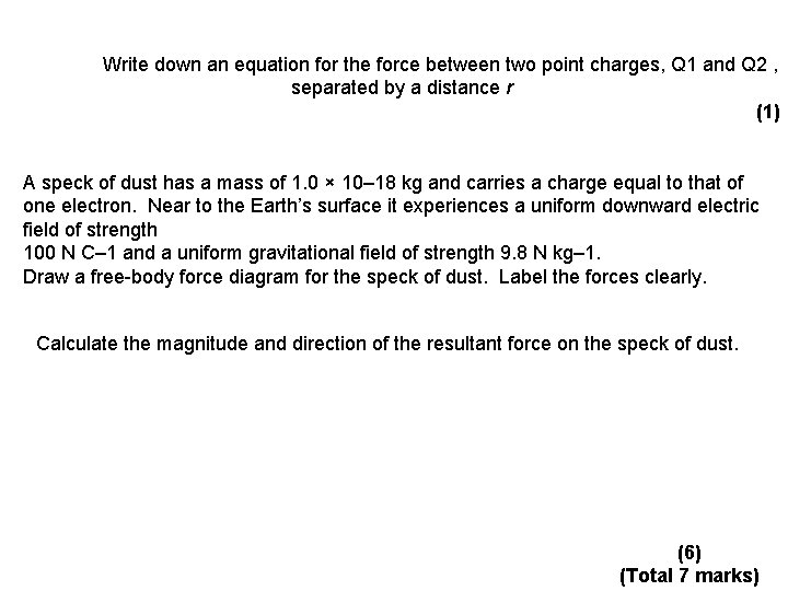 Write down an equation for the force between two point charges, Q 1 and