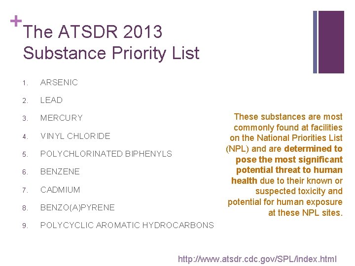 + The ATSDR 2013 Substance Priority List 1. ARSENIC 2. LEAD 3. MERCURY 4.