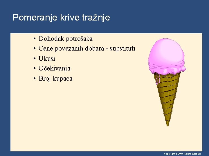 Pomeranje krive tražnje • • • Dohodak potrošača Cene povezanih dobara - supstituti Ukusi