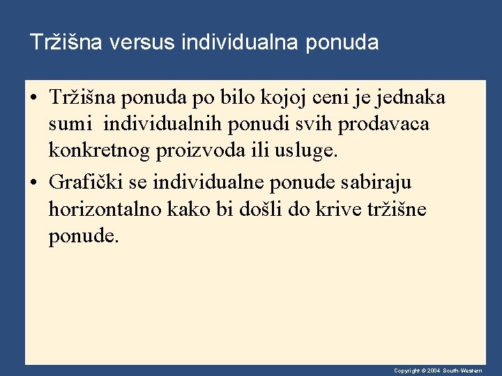 Tržišna versus individualna ponuda • Tržišna ponuda po bilo kojoj ceni je jednaka sumi