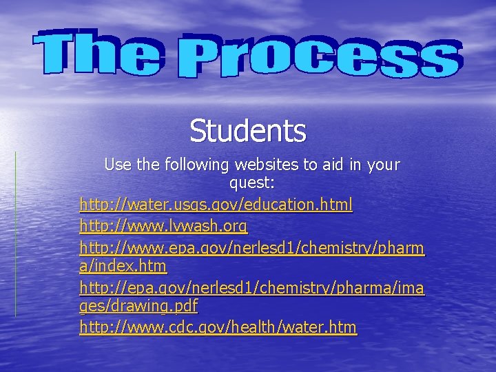 Students Use the following websites to aid in your quest: http: //water. usgs. gov/education.