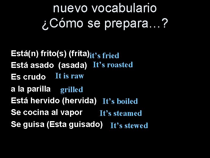 nuevo vocabulario ¿Cómo se prepara…? Está(n) frito(s) (frita)it’s fried Está asado (asada) It’s roasted