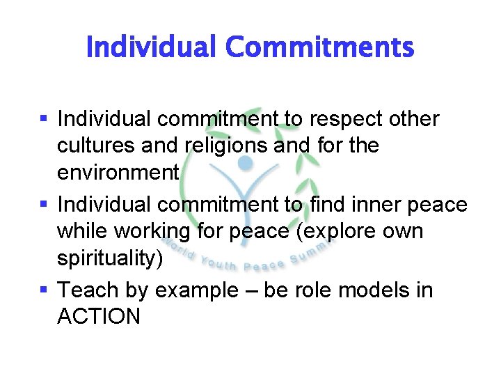 Individual Commitments § Individual commitment to respect other cultures and religions and for the