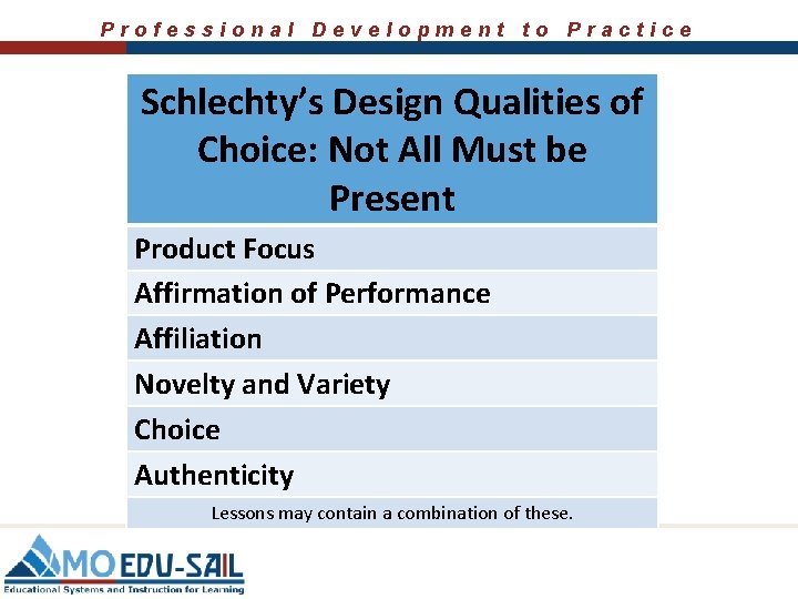 Professional Development to Practice Schlechty’s Design Qualities of Choice: Not All Must be Present