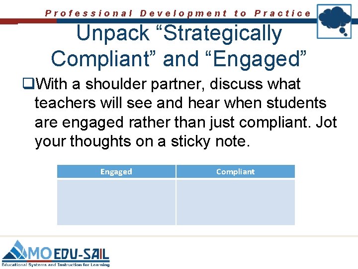Professional Development to Practice Unpack “Strategically Compliant” and “Engaged” q. With a shoulder partner,